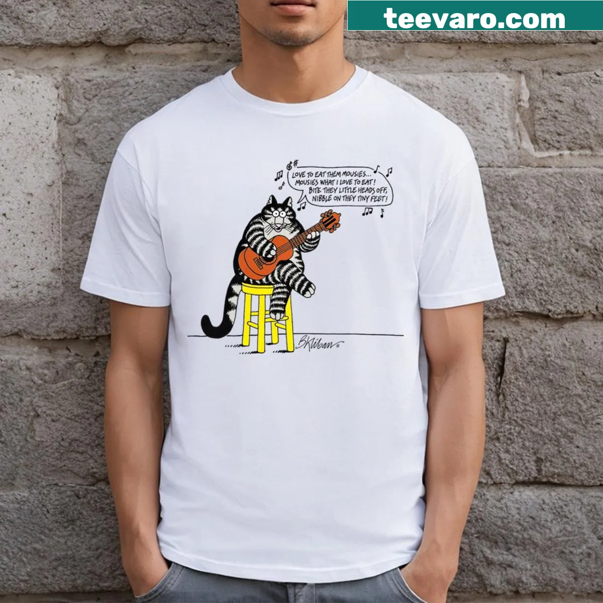 B Kliban Cat illustration on a T-shirt, showcasing humor and music — on a men's t-shirt