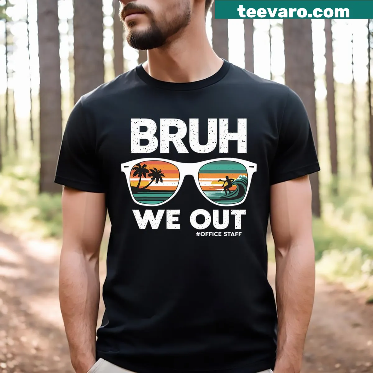Office staff retro summer t-shirt saying Bruh We Out — on a men's t-shirt