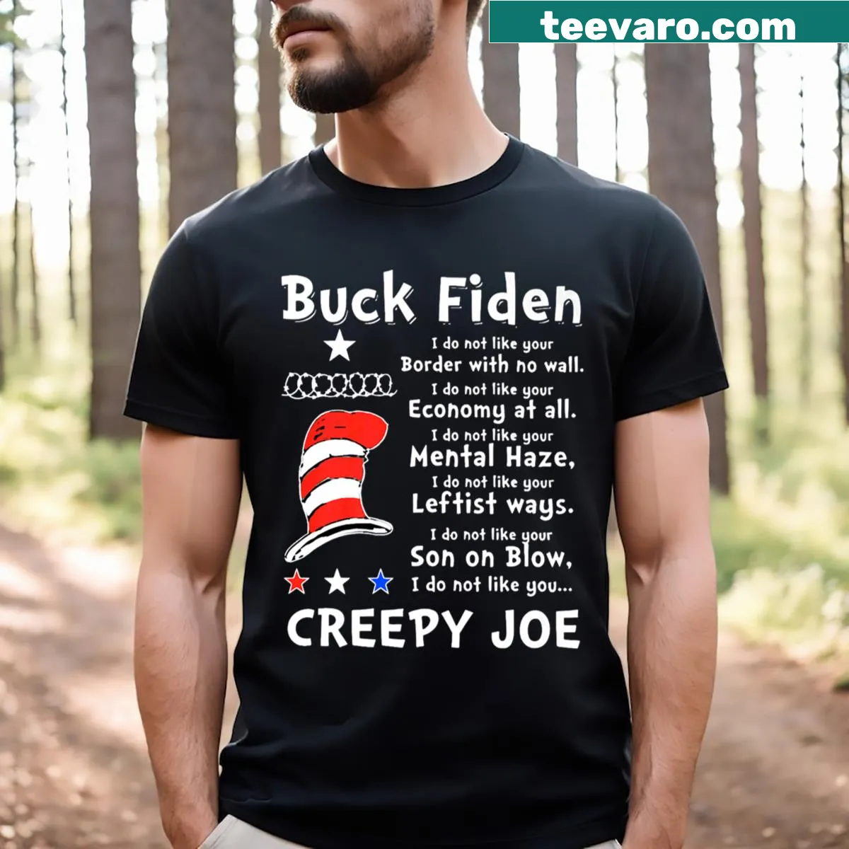 Anti Biden themed t-shirt with text and US flag design — on a men's t-shirt