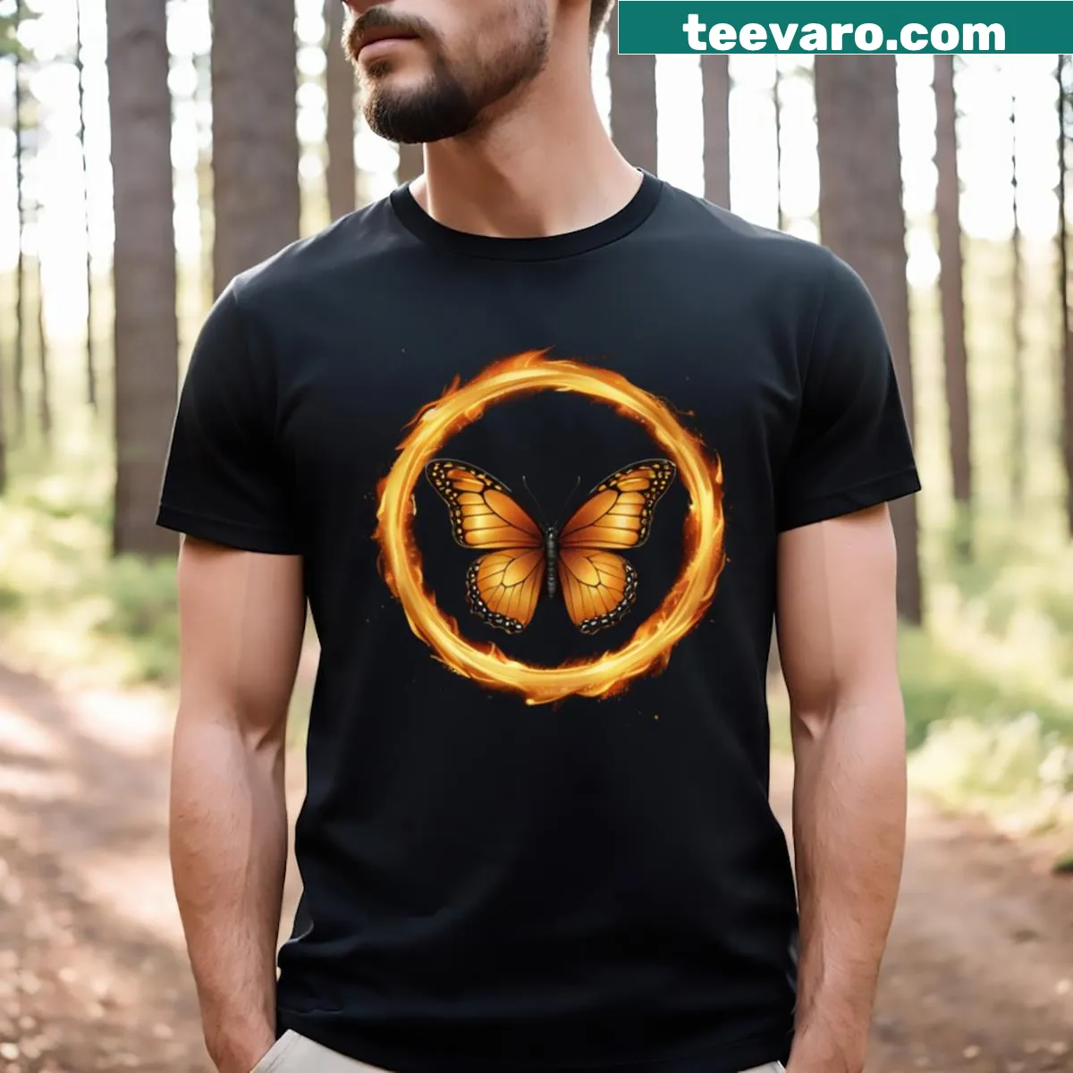 T-shirt with an illustration of a butterfly in a golden circle — on a men's t-shirt