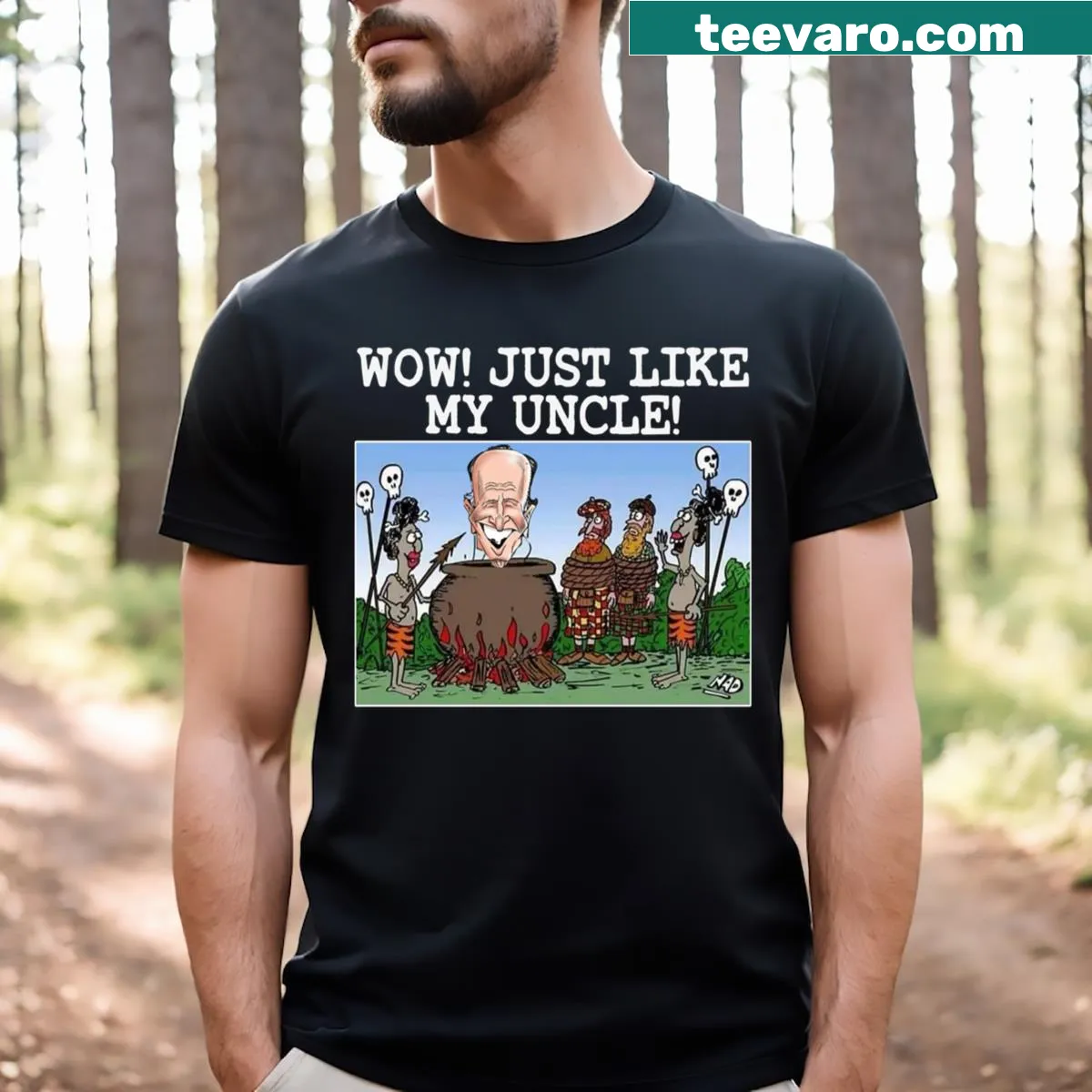 Satirical t-shirt with the phrase Cannibals Ate My Uncle Joe Biden — on a men's t-shirt