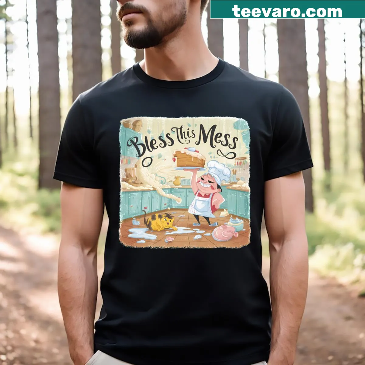 Whimsical kitchen-themed T-shirt featuring the phrase 'Bless This Mess' — on a men's t-shirt
