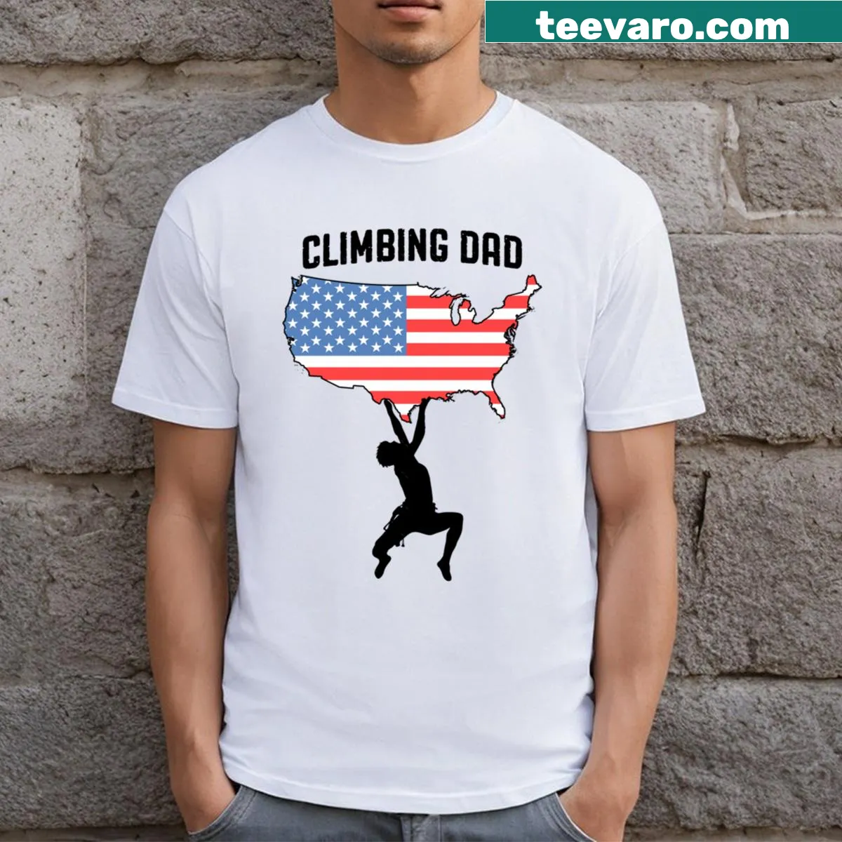 Funny climbing dad T-shirt with USA flag map illustration — on a men's t-shirt