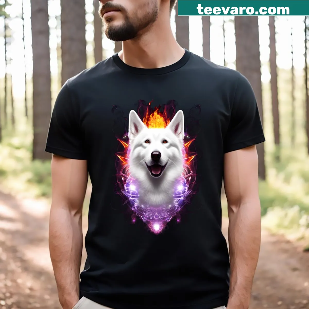 Striking T-shirt featuring a white dog face in flames and fractals — on a men's t-shirt
