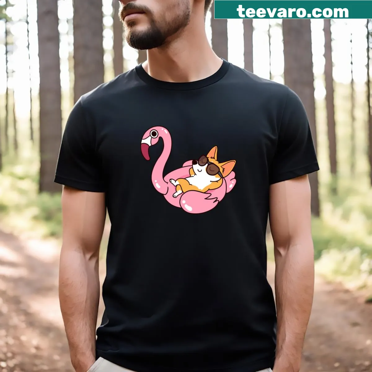 T-shirt with a corgi on a flamingo pool float — on a men's t-shirt