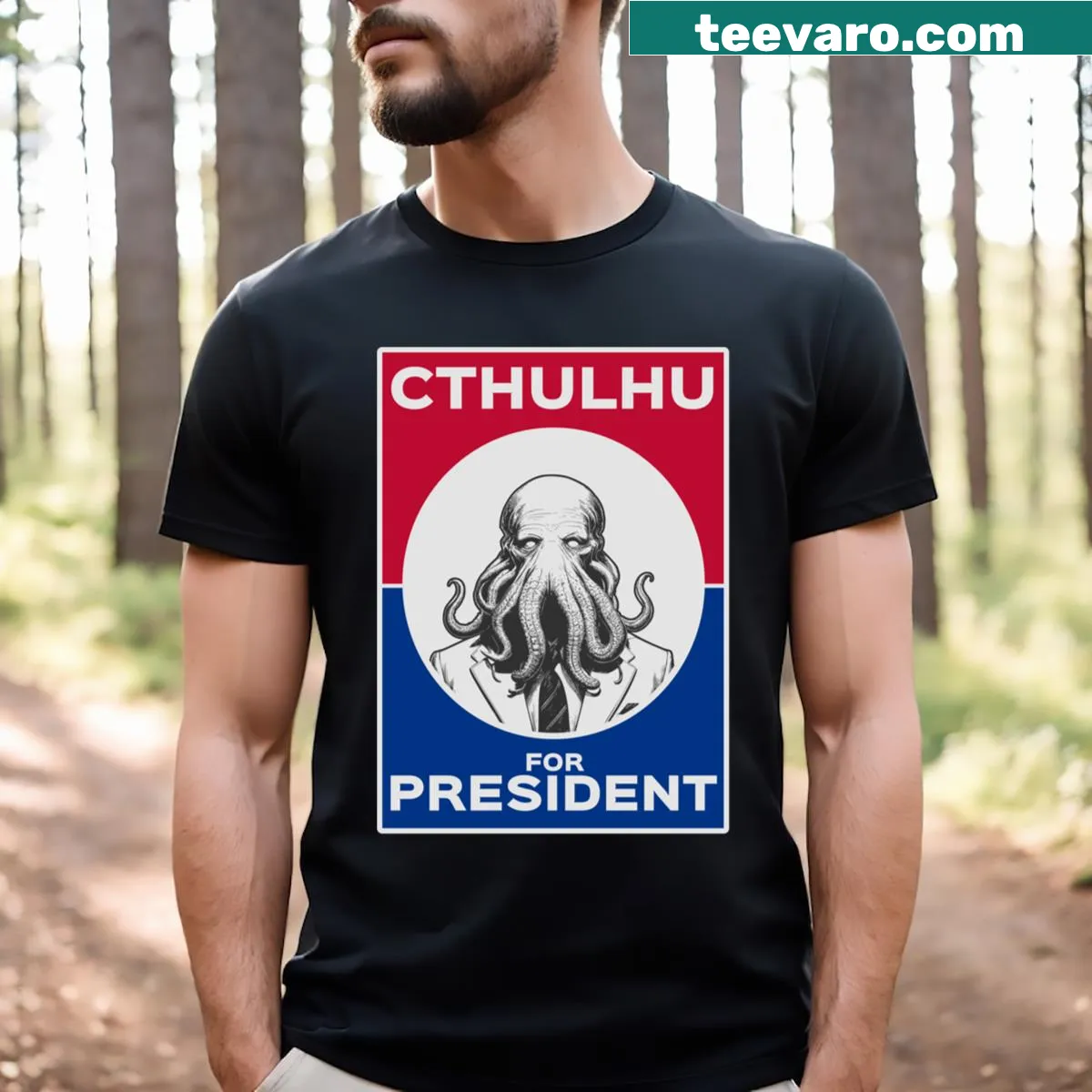 Playful illustration of Cthulhu for president in election context — on a men's t-shirt