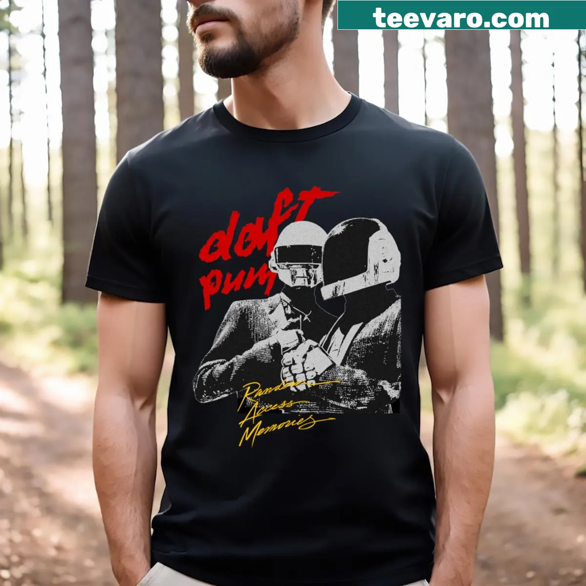 Minimalist Daft Punk graphic on music-themed T-shirt — on a men's t-shirt