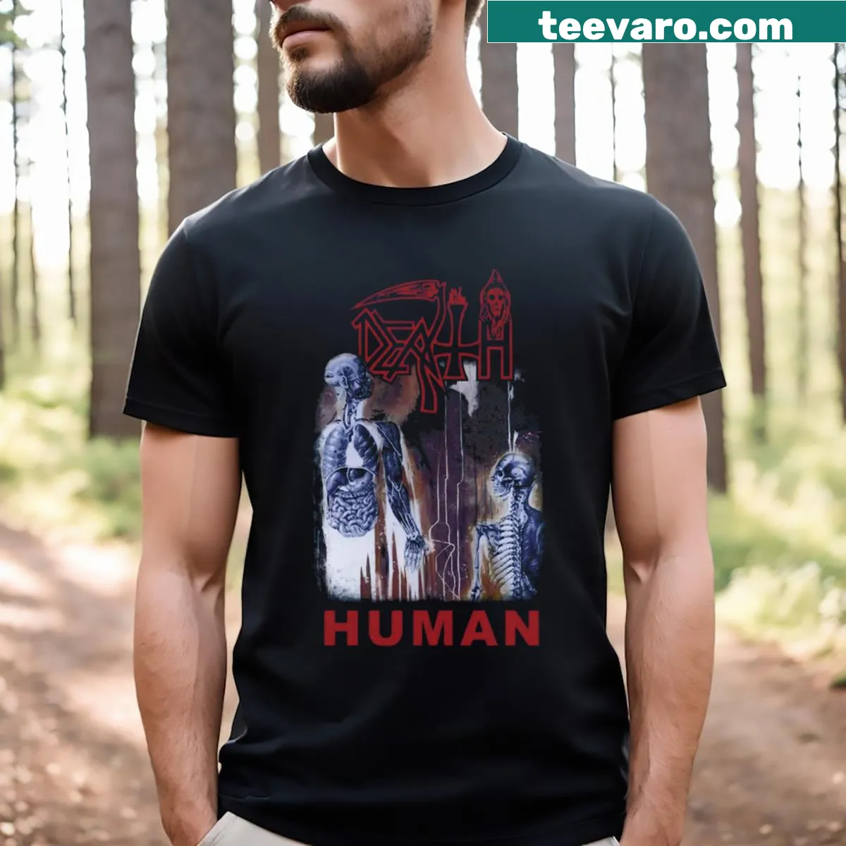Thought-provoking Death Human T-shirt design — on a men's t-shirt