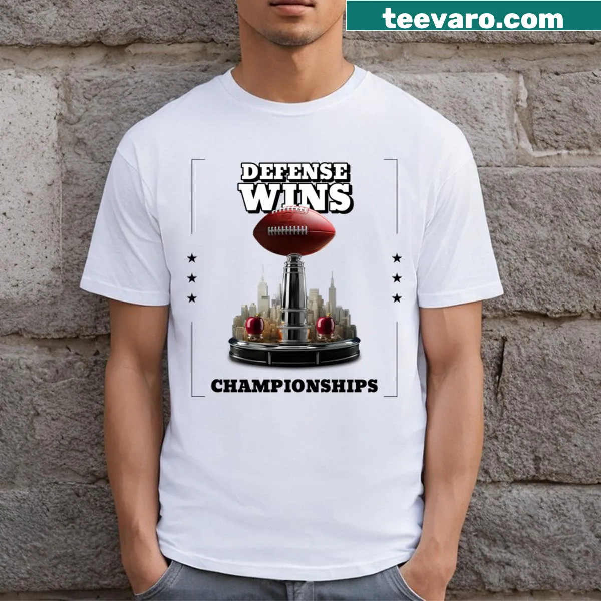 T-shirt emphasizing the importance of defense in football — on a men's t-shirt