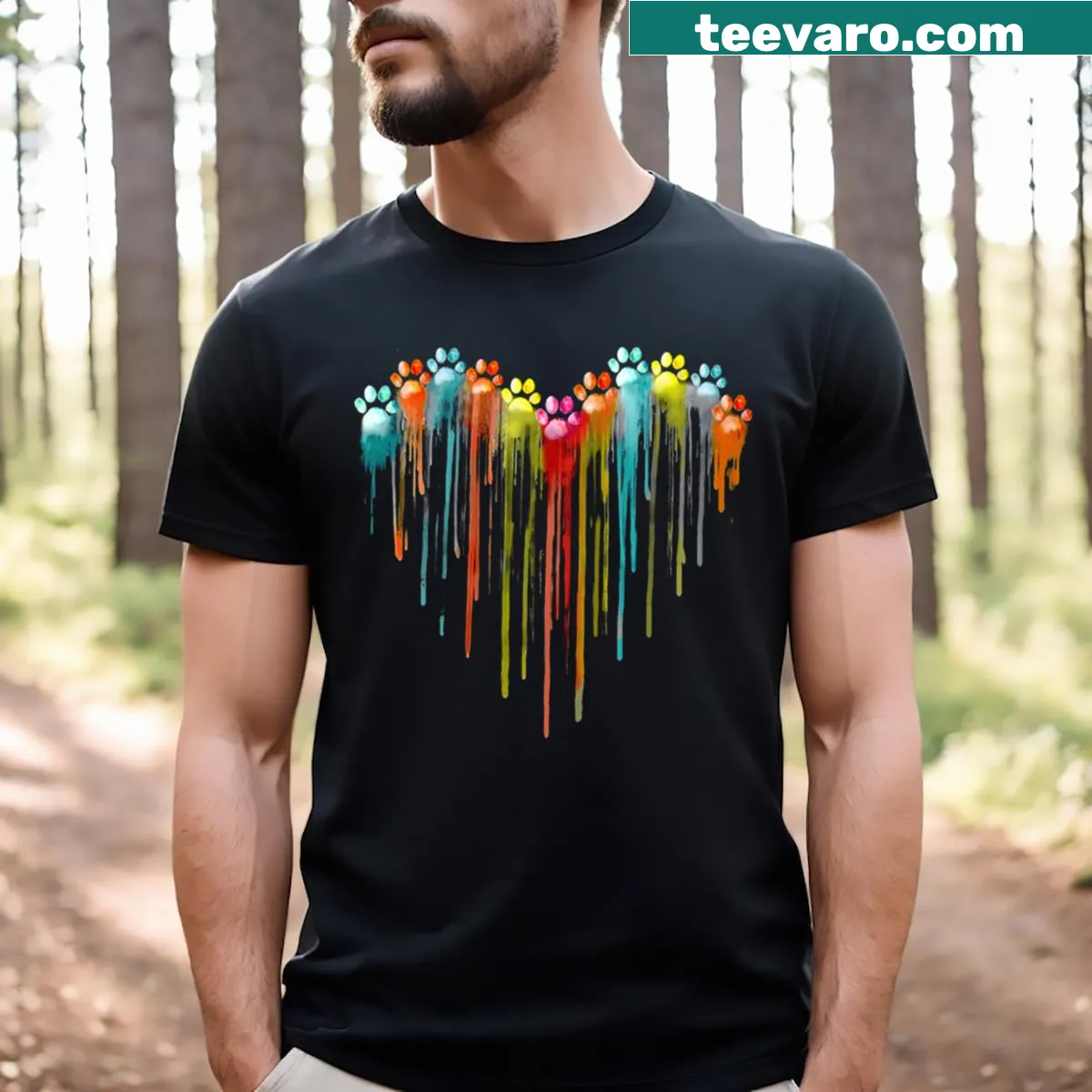 Watercolor heart design featuring dog paws on a t-shirt — on a men's t-shirt