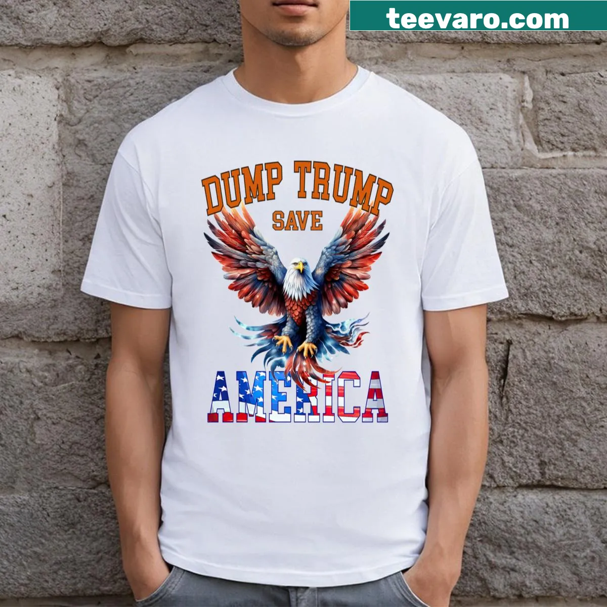 Patriotic t-shirt with eagle and bold political message — on a men's t-shirt
