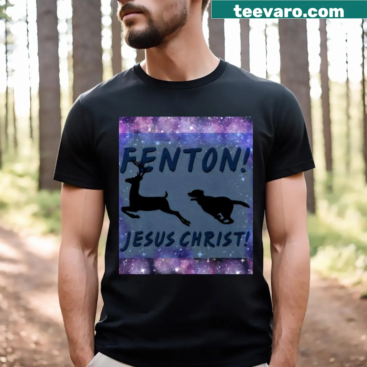 Playful cartoon t-shirt featuring a whimsical dog named Fenton — on a men's t-shirt