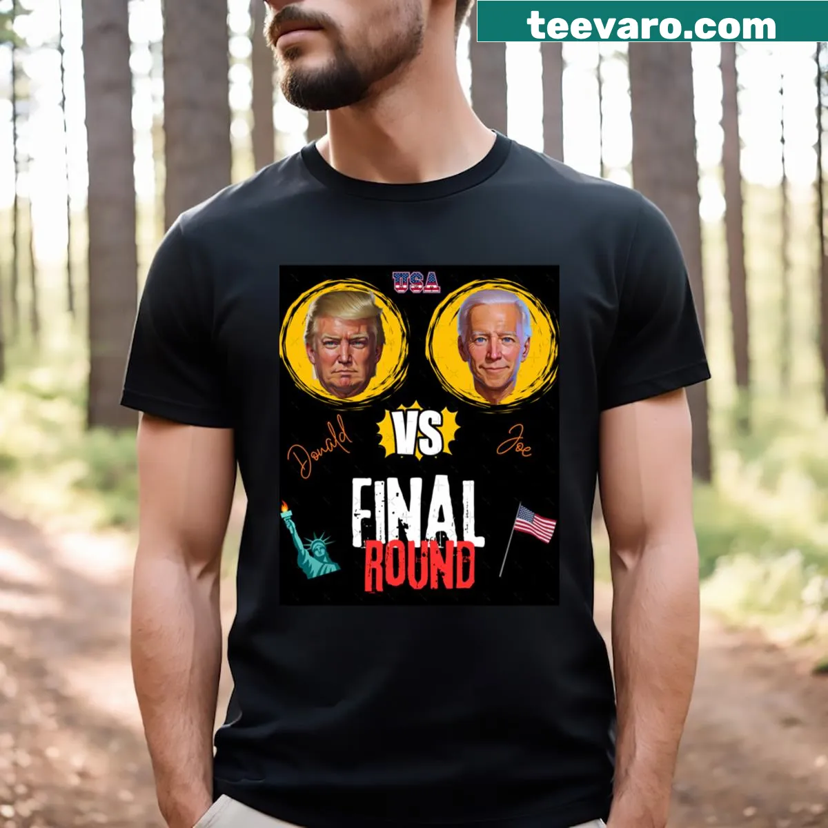 Humorous T-shirt featuring Donald Vs Joe in a playful design. — on a men's t-shirt