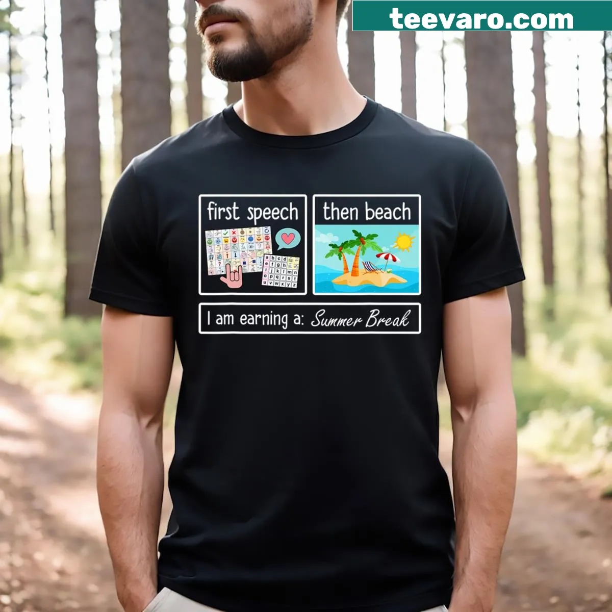 Teacher t-shirt with humorous slogan about summer break — on a men's t-shirt