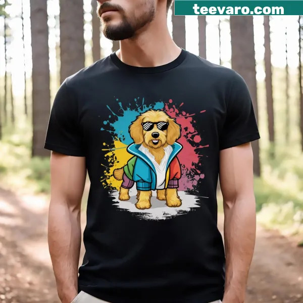 Cartoon Goldendoodle wearing sunglasses on a T-shirt