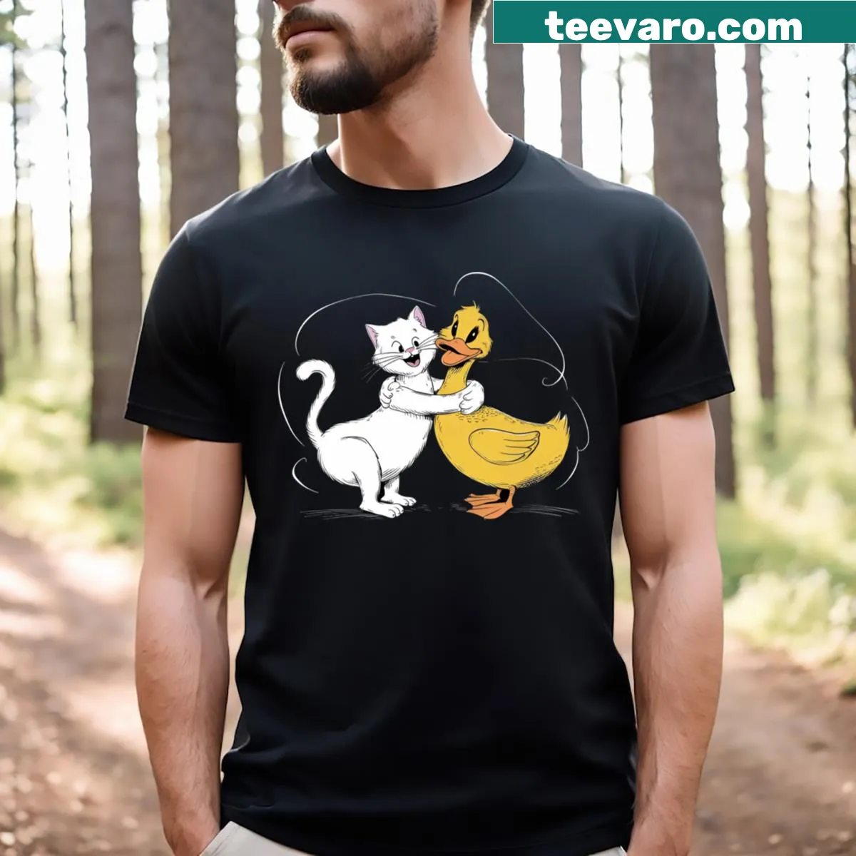 Cartoon of a cat hugging a duck on a humorous t-shirt — on a men's t-shirt