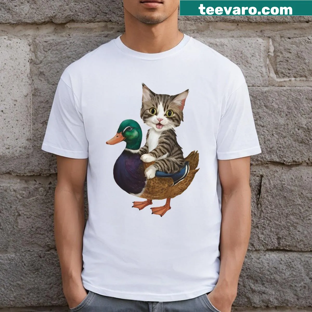 Cartoon cat riding a duck graphic on a funny tee — on a men's t-shirt
