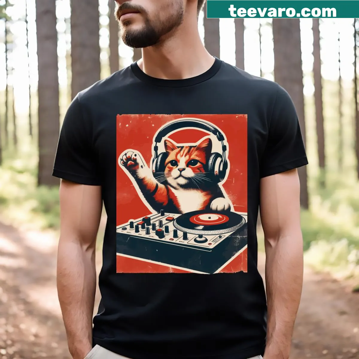 Cute deejay cat graphic in vintage style on a T-shirt — on a men's t-shirt