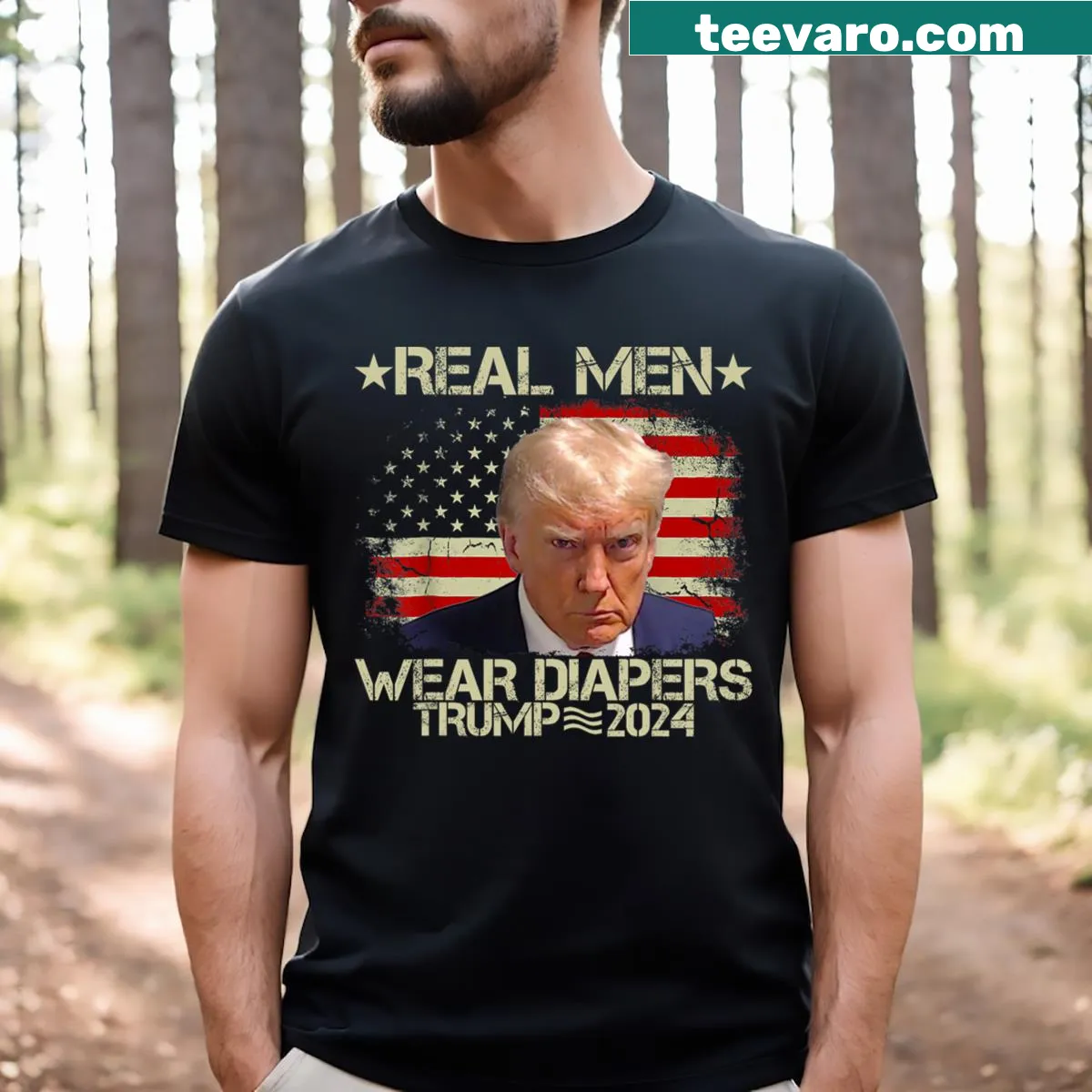 Humorous graphic T-shirt with 'Real Men Wear Diapers' text — on a men's t-shirt