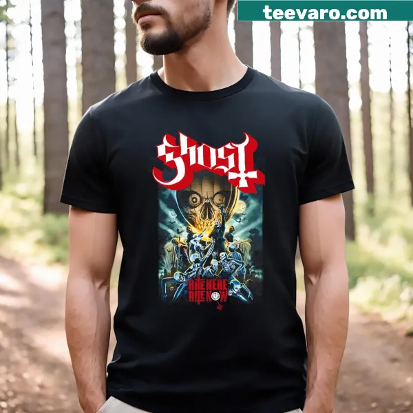 Illustration of Ghost band with bold text 'Rite Here Rite Now' on t-shirt