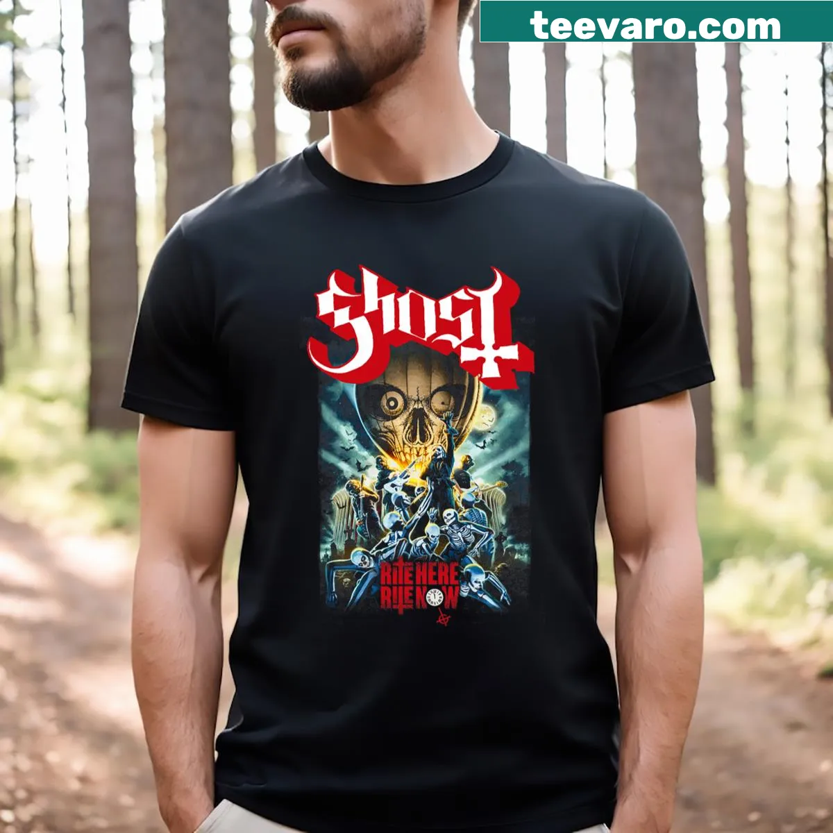 Illustration of Ghost band with bold text 'Rite Here Rite Now' on t-shirt — on a men's t-shirt