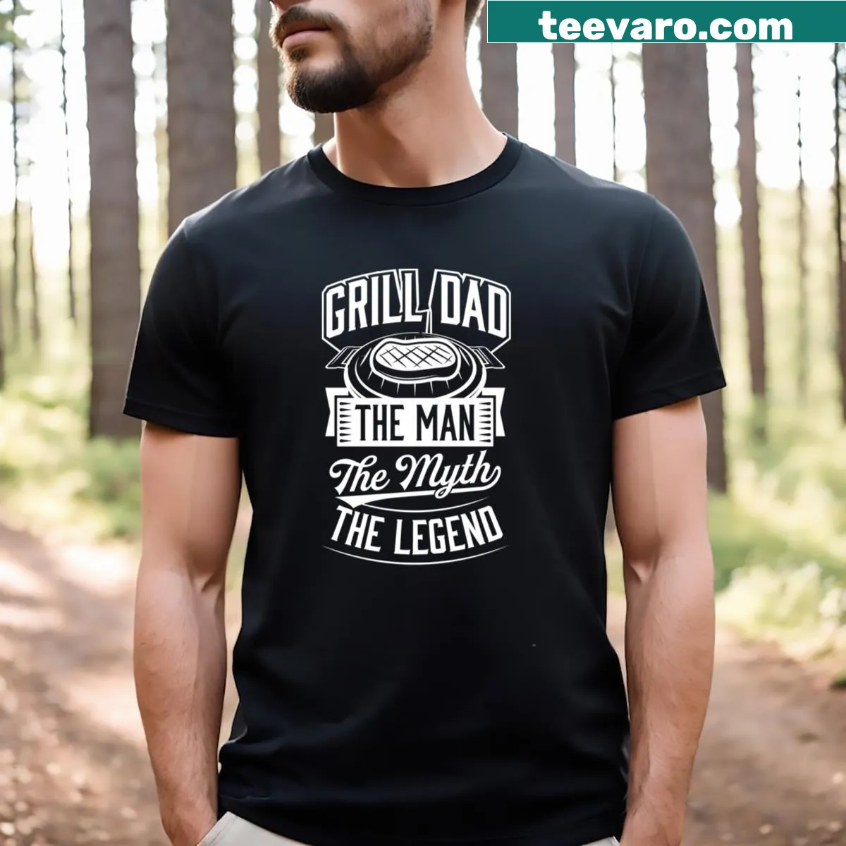 Funny Grill Dad t-shirt with 'The Man The Myth The Legend' text — on a men's t-shirt