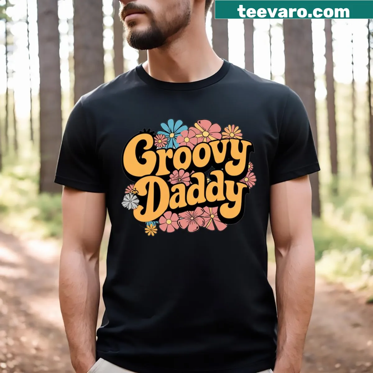 Retro Groovy Daddy t-shirt with playful typography — on a men's t-shirt