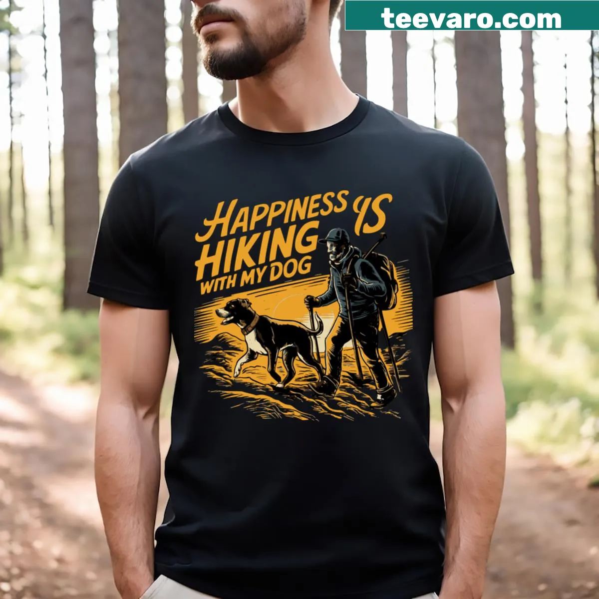 T-shirt featuring 'Happiness Is Hiking With My Dog' text and illustration — on a men's t-shirt
