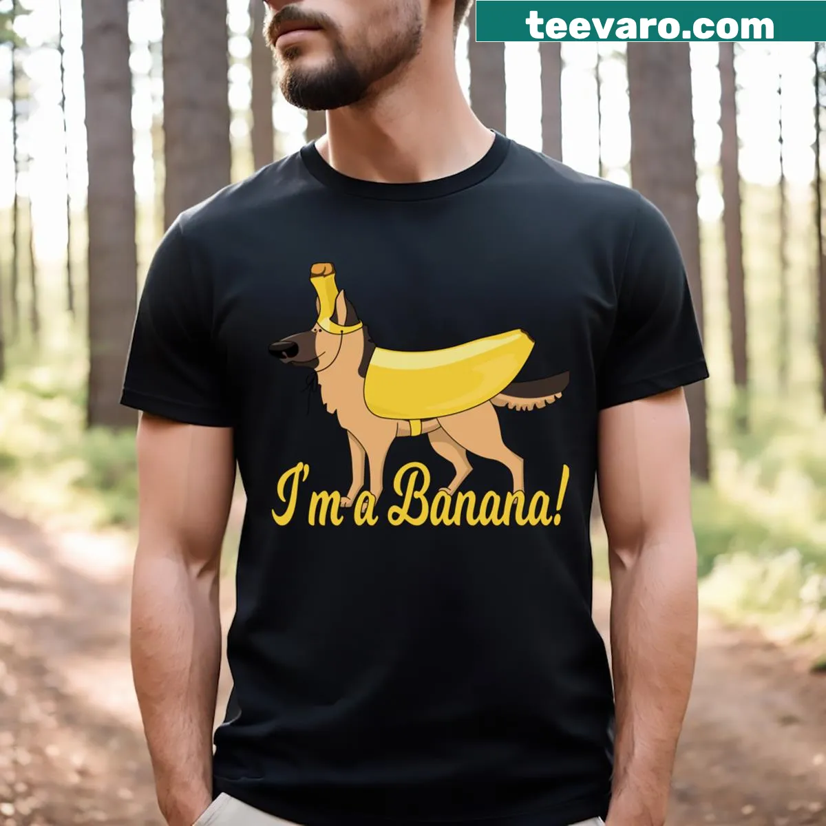 Funny T-shirt featuring a banana-themed German Shepherd graphic — on a men's t-shirt