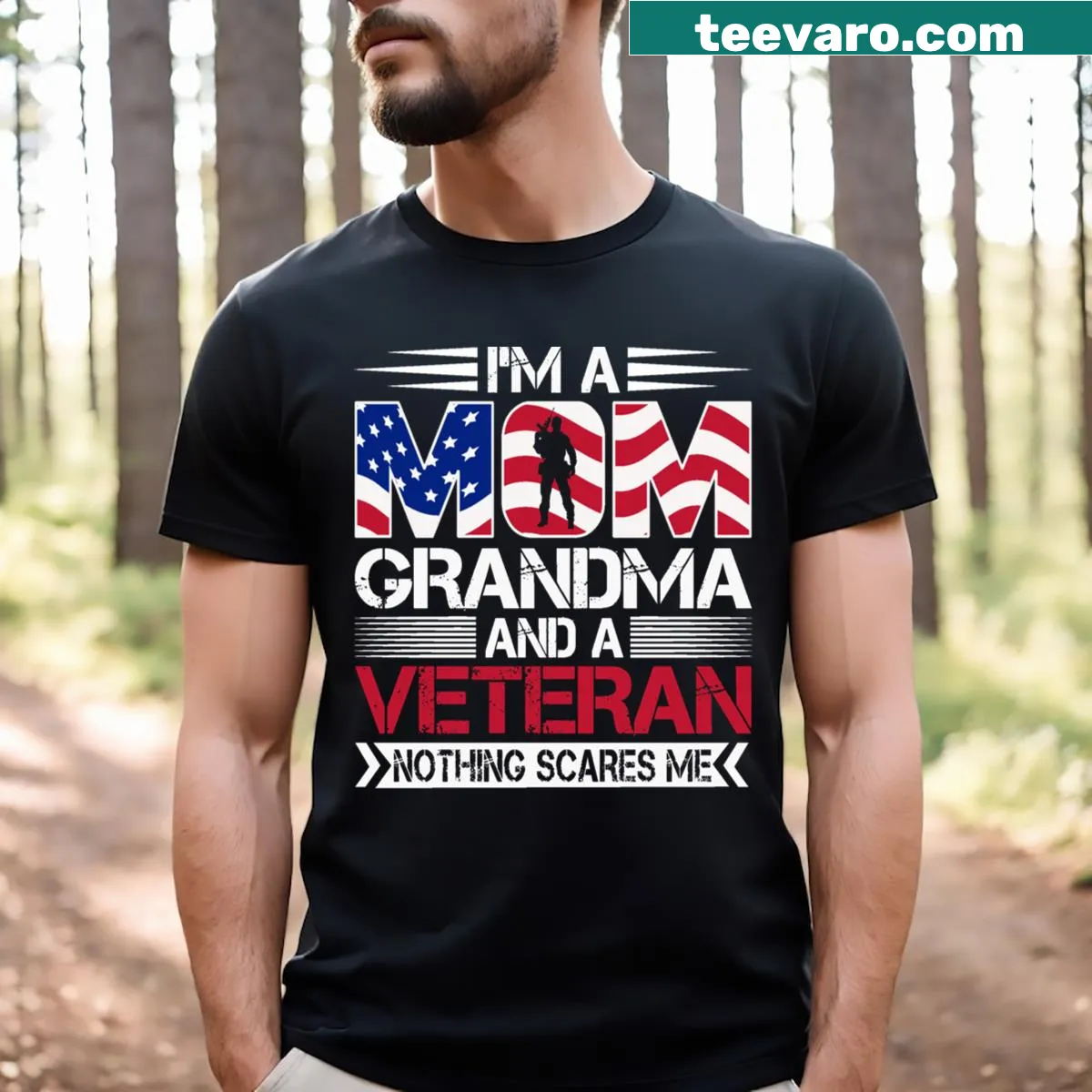 Empowering T-shirt celebrating mom, grandma, and veteran roles — on a men's t-shirt