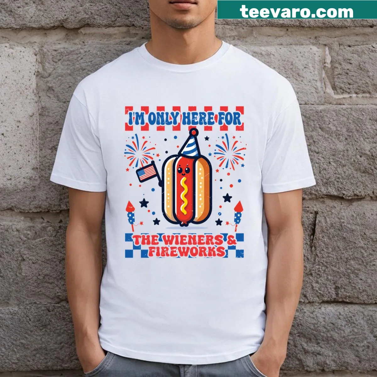 Funny Fourth of July t-shirt with hot dog and fireworks theme — on a men's t-shirt