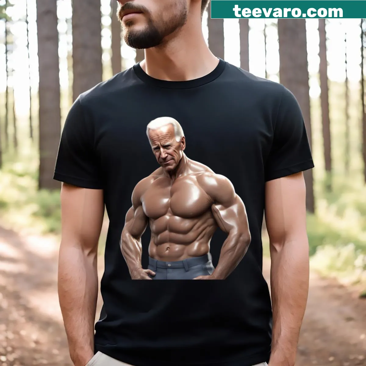 Cartoon of muscular Joe Biden with funny text — on a men's t-shirt
