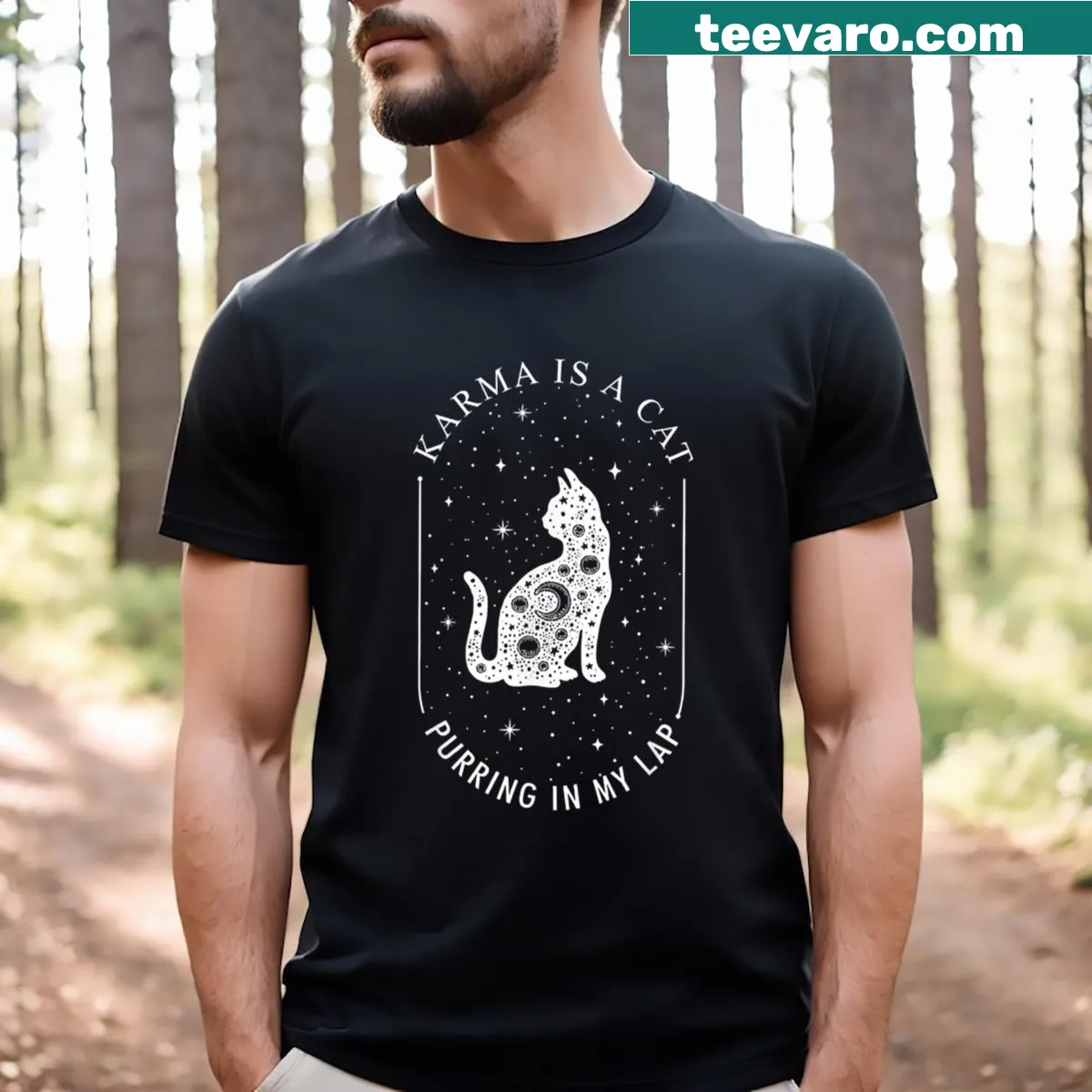 T-shirt with the humorous phrase 'Karma Is A Cat' printed on it — on a men's t-shirt