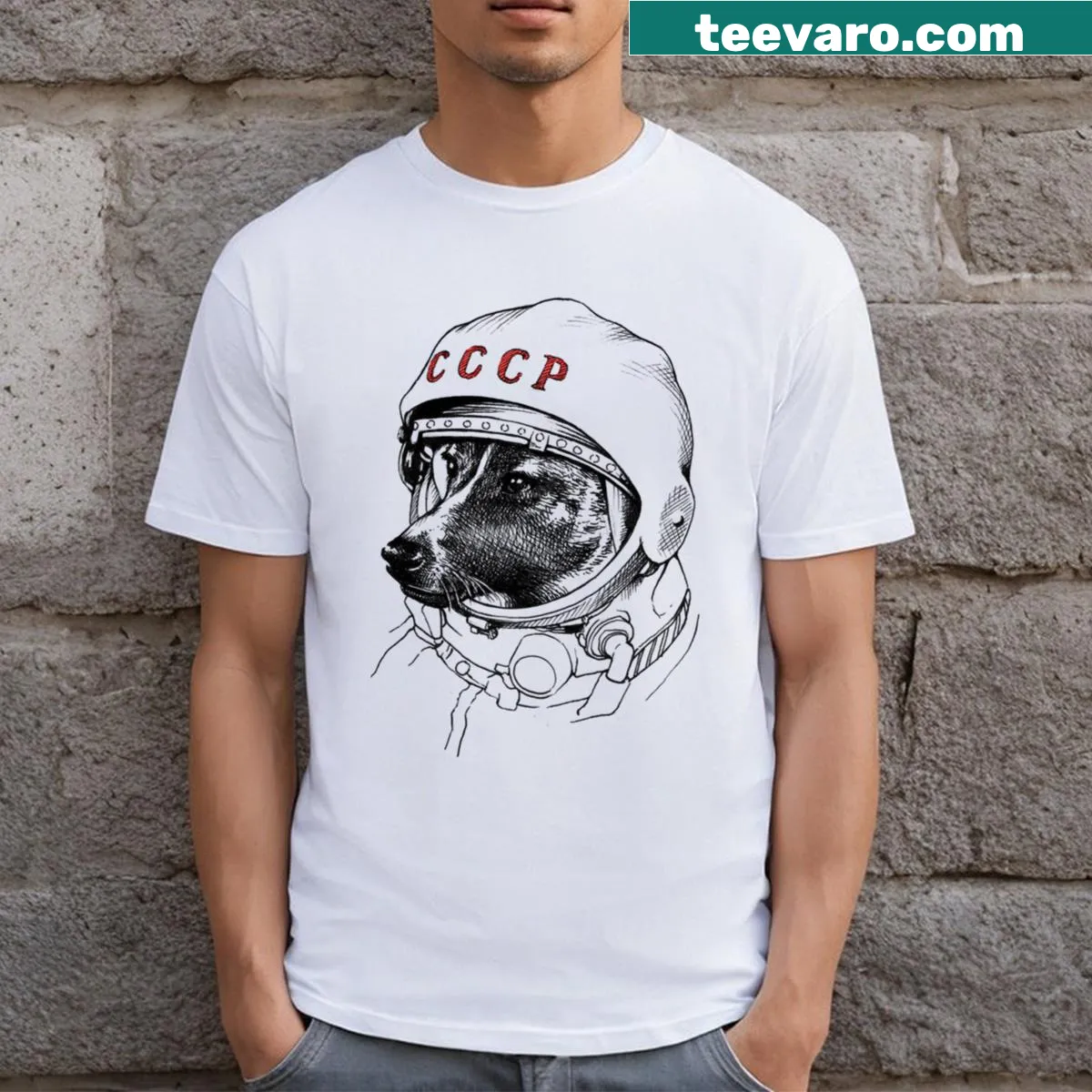 T-shirt featuring Laika, the first dog in space, with a whimsical design — on a men's t-shirt