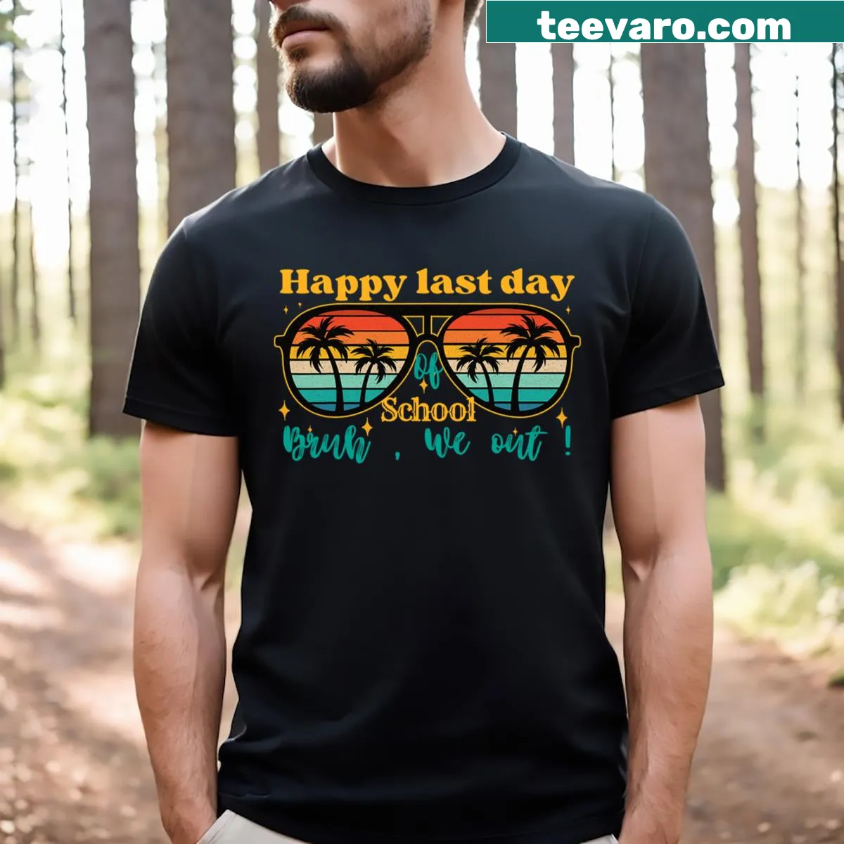 Funny t-shirt stating 'Last Day In School 2024 Bruh We Out'. — on a men's t-shirt