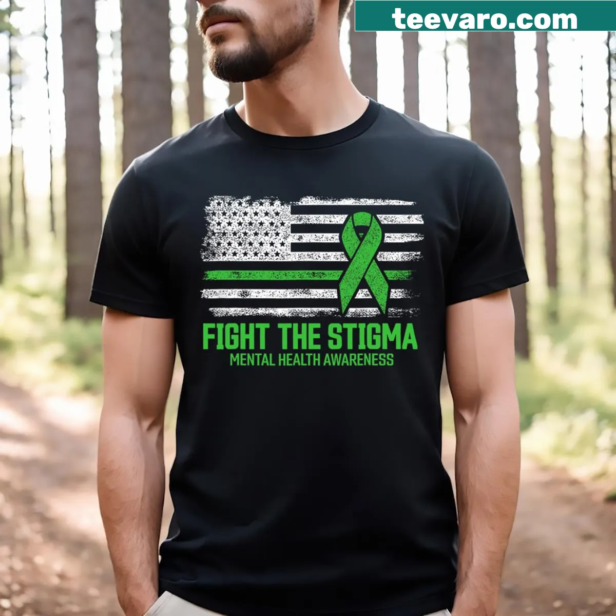 Mental health awareness T-shirt with 'Fight The Stigma' text — on a men's t-shirt