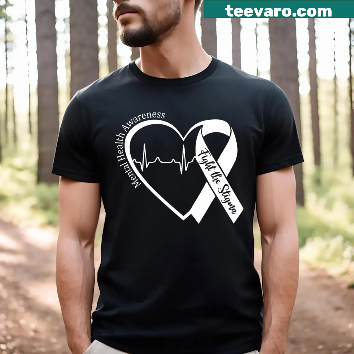 Green ribbon and heart graphic T-shirt for mental health awareness — on a men's t-shirt