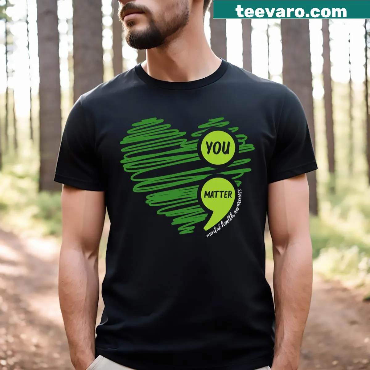 T-shirt with heart graphic and 'Wear Green For Mental Health' text — on a men's t-shirt
