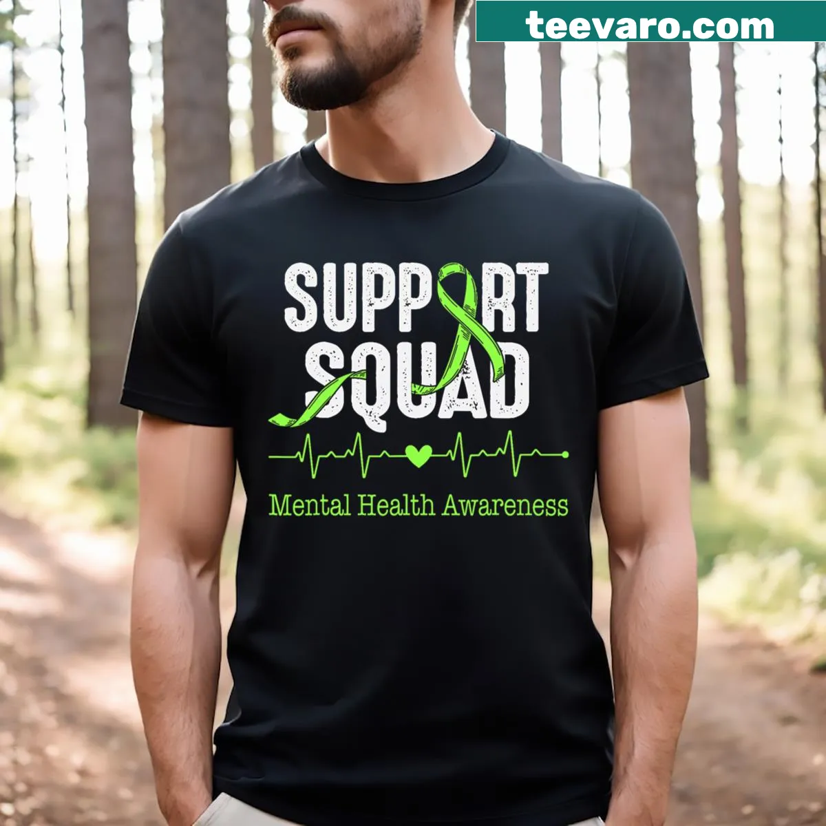Support Squad T-shirt with green ribbon for mental health awareness — on a men's t-shirt