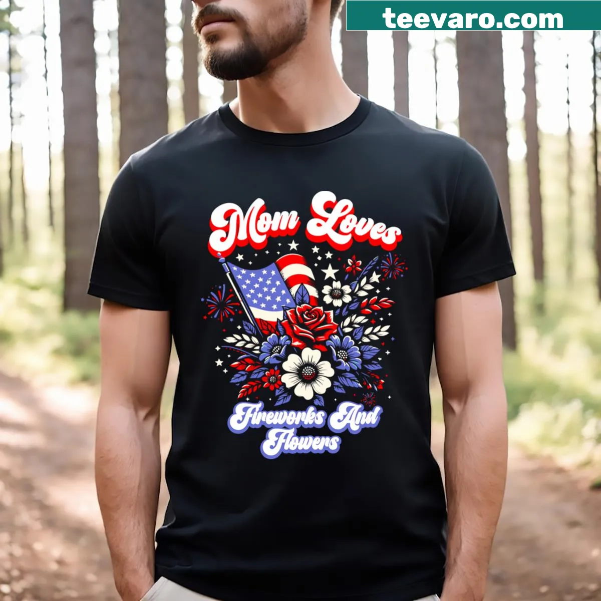 Funny T-shirt celebrating moms with fireworks and flowers theme — on a men's t-shirt