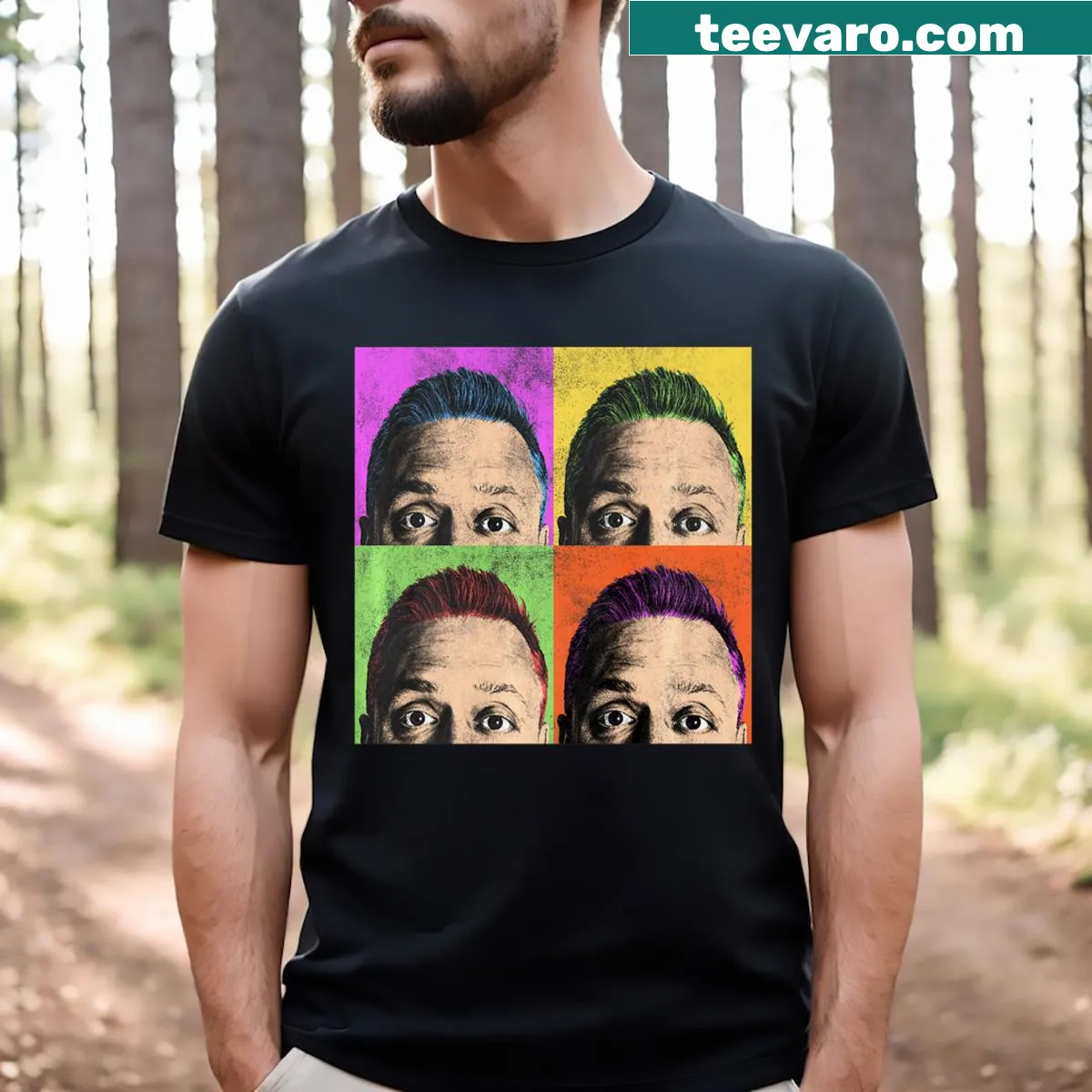 T-shirt featuring a design inspired by Nate Bargatze and Warhol's art style — on a men's t-shirt