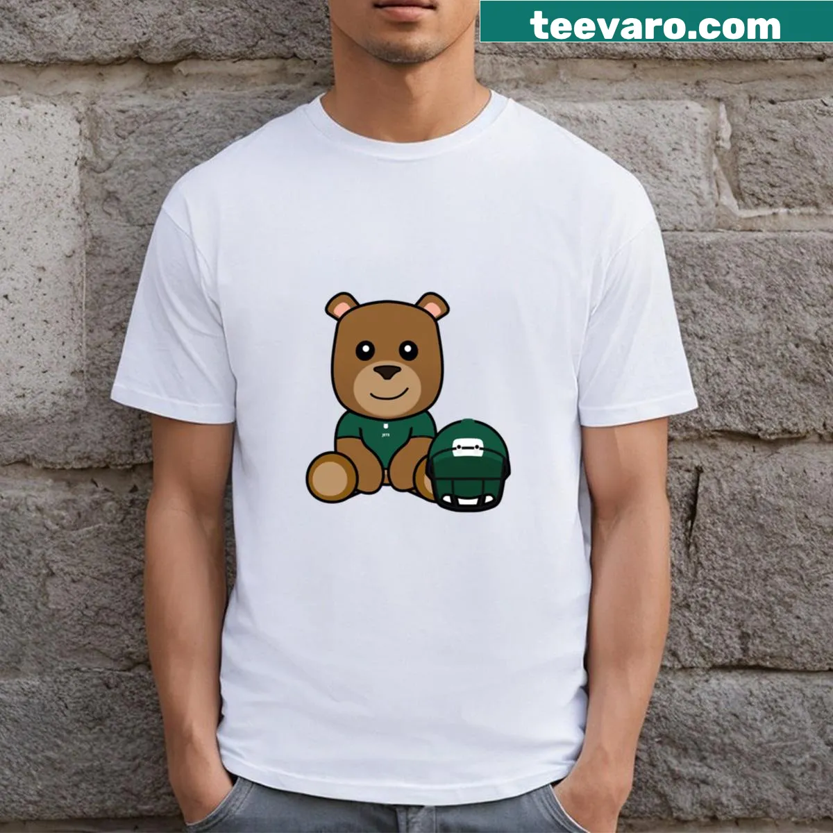 Cartoon Kaibear T-shirt featuring New York Jets themes — on a men's t-shirt