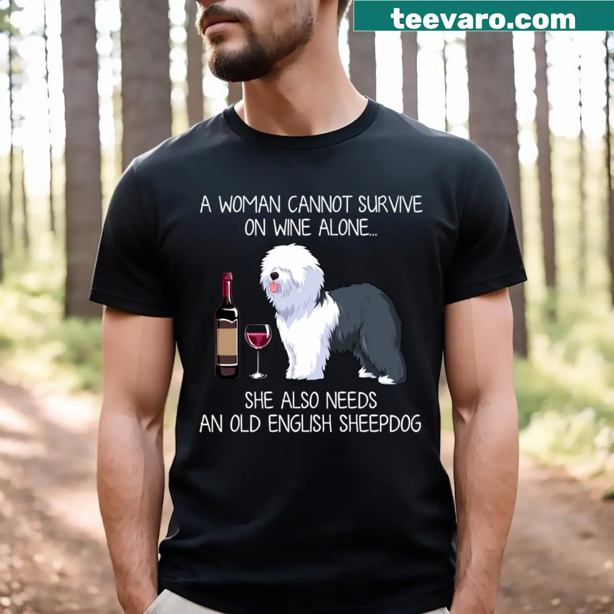Funny T-shirt featuring cartoon Old English Sheepdog and wine — on a men's t-shirt