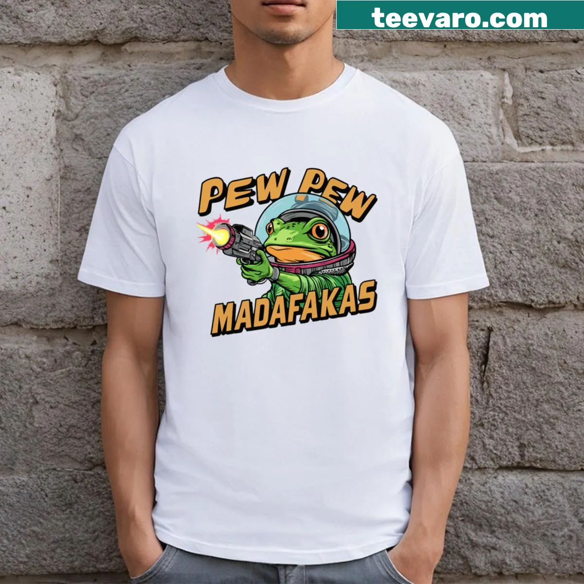 Astronaut frog in space with humorous text illustration — on a men's t-shirt