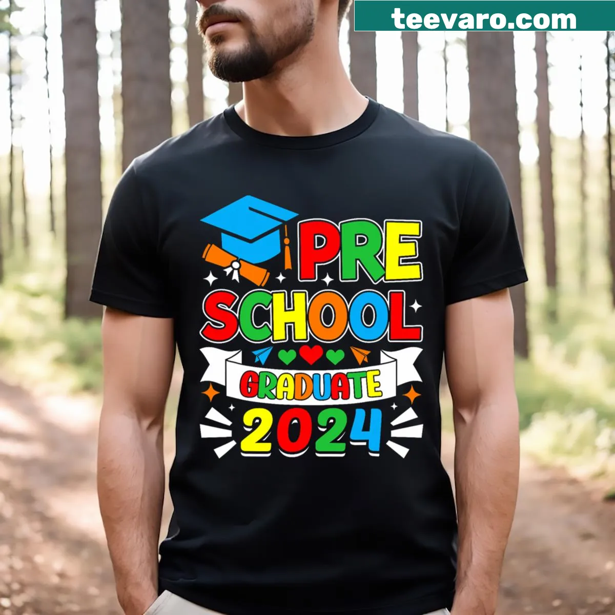 Preschool Graduate Pre K Grad 2024 T-shirt with celebratory design — on a men's t-shirt