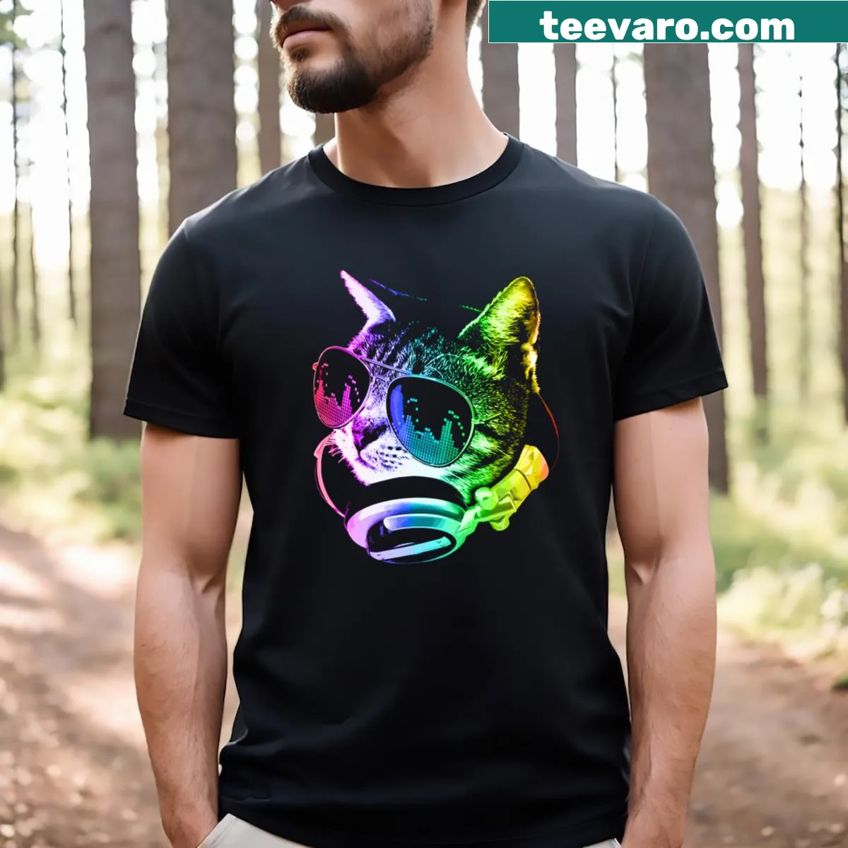 Whimsical cat design with musical notes and rainbow elements. — on a men's t-shirt
