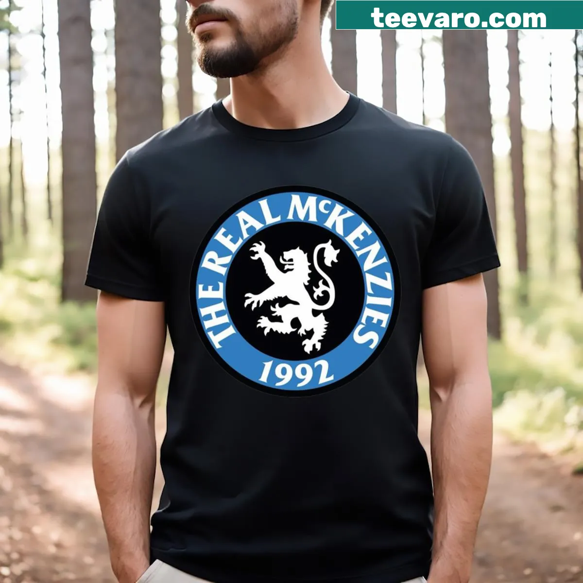 T-shirt featuring Real Mckenzies rock band logo — on a men's t-shirt