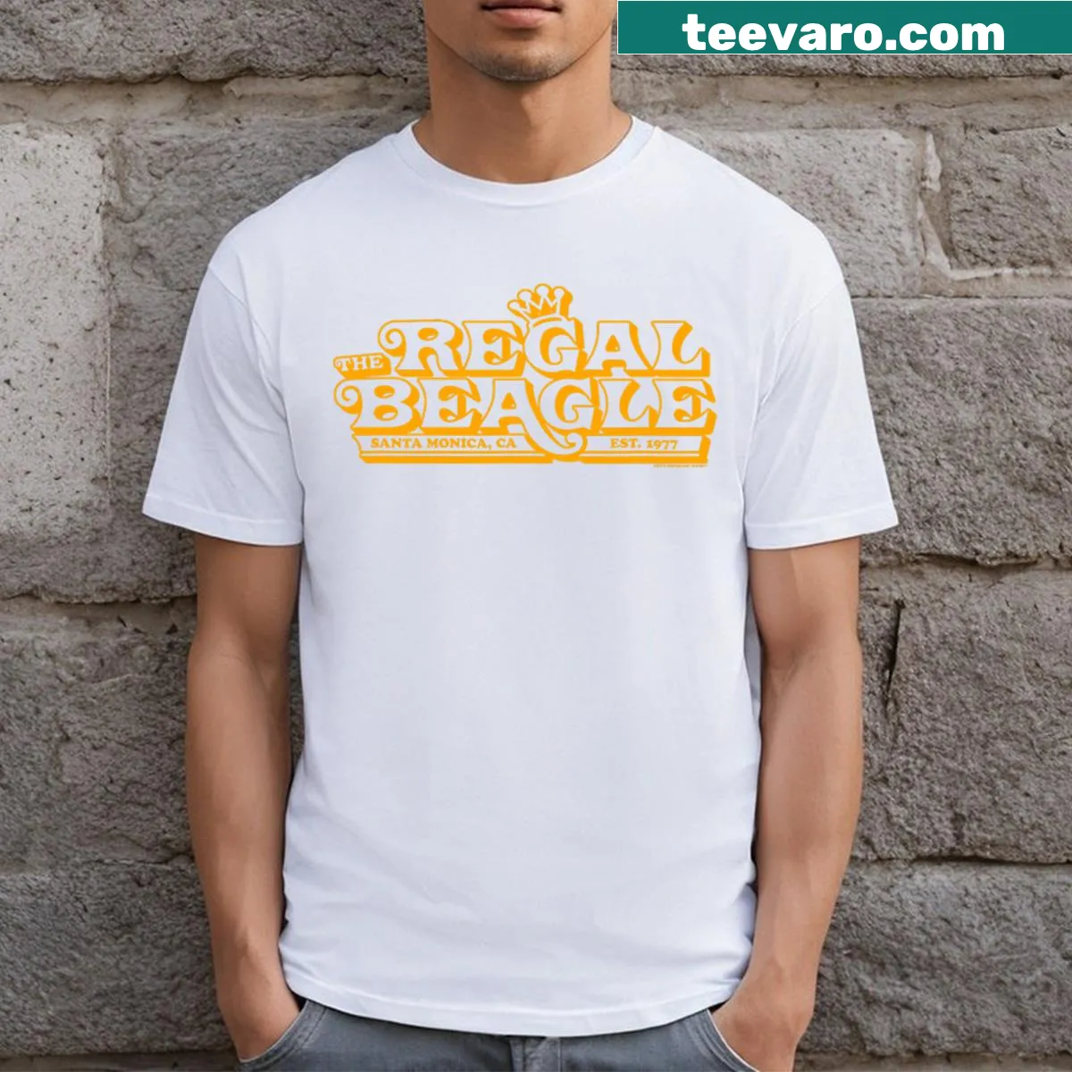 Retro T-shirt featuring the 'Regal Beagle Pub' logo from 'Three's Company.' — on a men's t-shirt