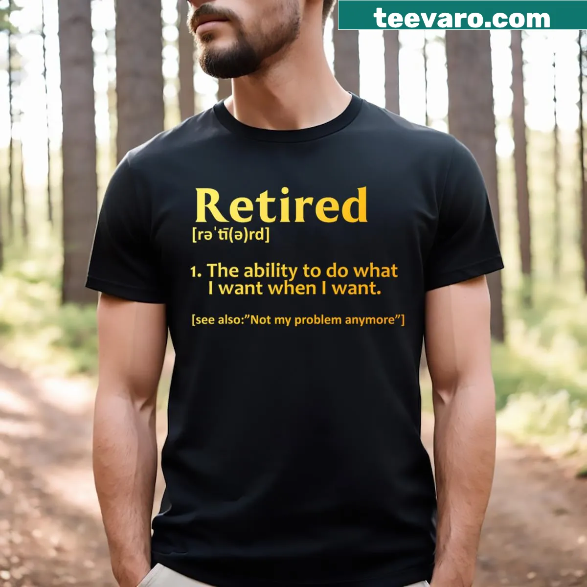 T-shirt featuring bold typography stating 'Retired.' — on a men's t-shirt