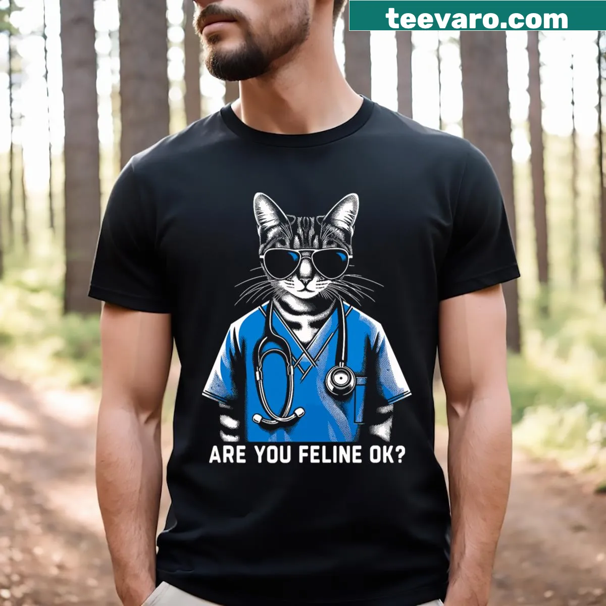 Funny T-shirt featuring a 'cat nurse' graphic for healthcare professionals. — on a men's t-shirt